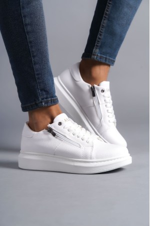 Warrior Bağcıklı Ve Fermuarlı Cilt Erkek Günlük Sneaker Ayakkabı Cbt - Beyaz