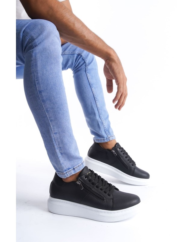 Warrior Bağcıklı Ve Fermuarlı Cilt Erkek Günlük Sneaker Ayakkabı Cbt - Siyah