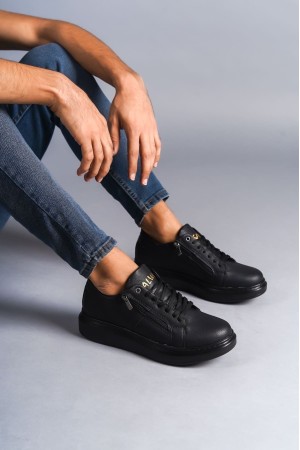 Warrior Bağcıklı Ve Fermuarlı Cilt Erkek Günlük Sneaker Ayakkabı Cst - Siyah