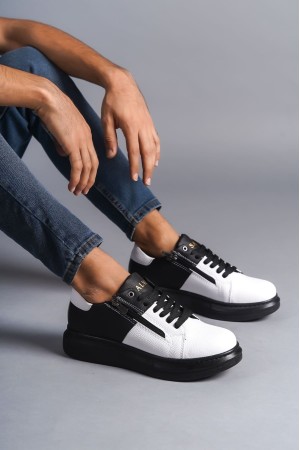 Warrior Bağcıklı Ve Fermuarlı Cilt Erkek Günlük Sneaker Ayakkabı  - Siyah/beyaz