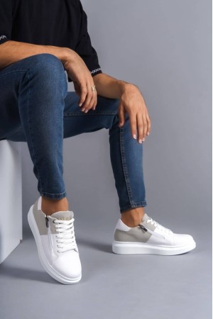 Warrior Bağcıklı Ve Fermuarlı Cilt Süet Erkek Günlük Sneaker Ayakkabı Csbt - Beyaz/gri