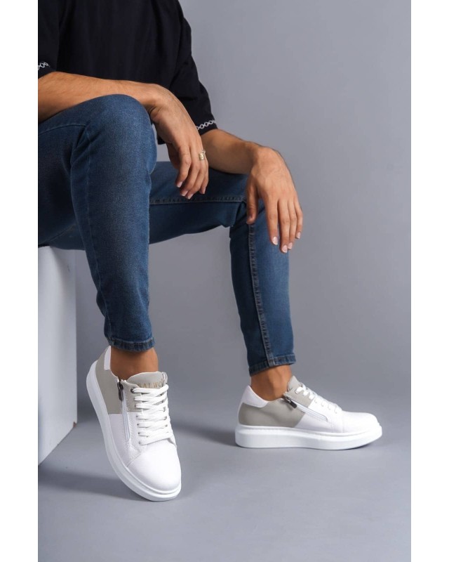 Warrior Bağcıklı Ve Fermuarlı Cilt Süet Erkek Günlük Sneaker Ayakkabı Csbt - Beyaz/gri