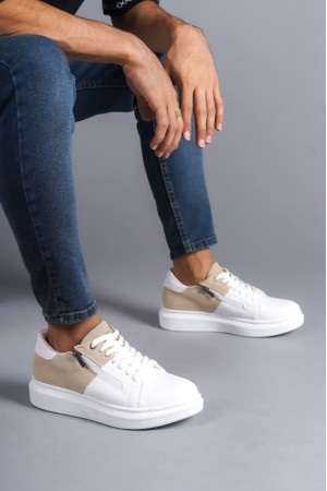 Warrior Bağcıklı Ve Fermuarlı Cilt Süet Erkek Günlük Sneaker Ayakkabı Csbt - Beyaz/krem