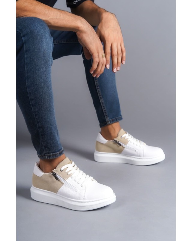 Warrior Bağcıklı Ve Fermuarlı Cilt Süet Erkek Günlük Sneaker Ayakkabı Csbt - Beyaz/krem