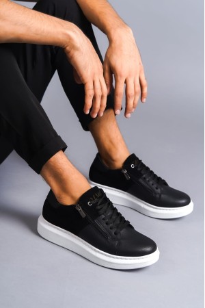 Warrior Bağcıklı Ve Fermuarlı Cilt Süet Erkek Günlük Sneaker Ayakkabı Csbt - Siyah