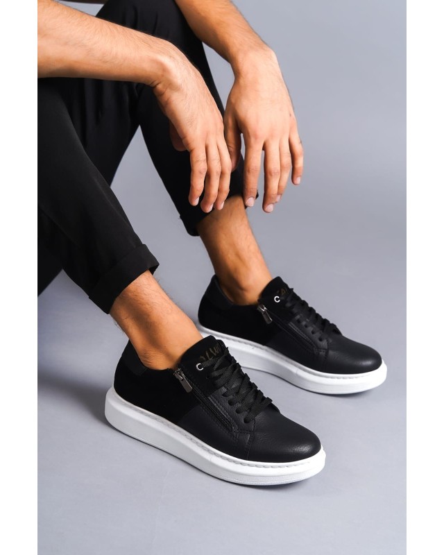 Warrior Bağcıklı Ve Fermuarlı Cilt Süet Erkek Günlük Sneaker Ayakkabı Csbt - Siyah