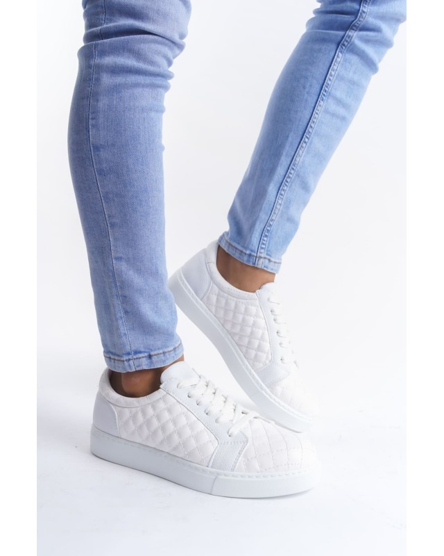 Prestige Bağcıklı Cilt Kapitone Desenli Erkek Günlük Sneaker Ayakkabı Cbt - Beyaz