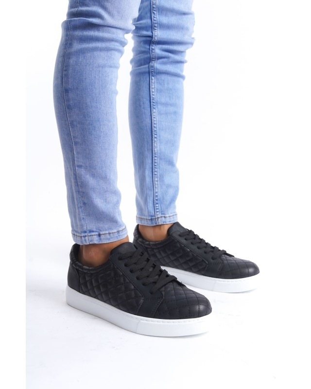 Prestige Bağcıklı Cilt Kapitone Desenli Erkek Günlük Sneaker Ayakkabı Cbt - Siyah